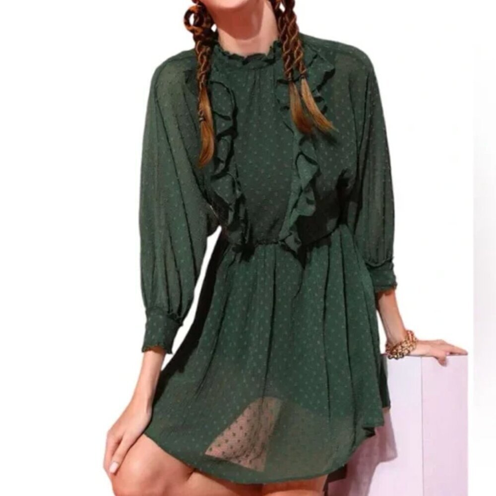 NWT Zara Women's Size XS Green Ruffle Detail Long Sleeve Dress